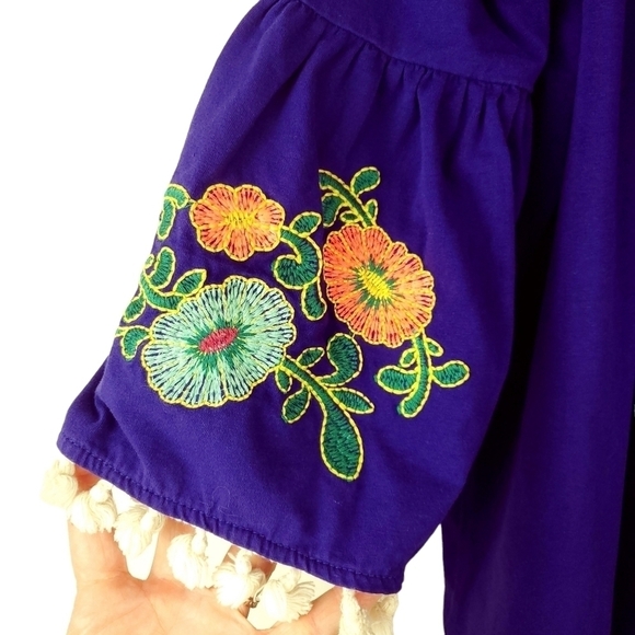UMGEE M Boho Peasant Top Tassels Flower Stitched Embroidery Blue Bell Sleeves - Picture 4 of 11